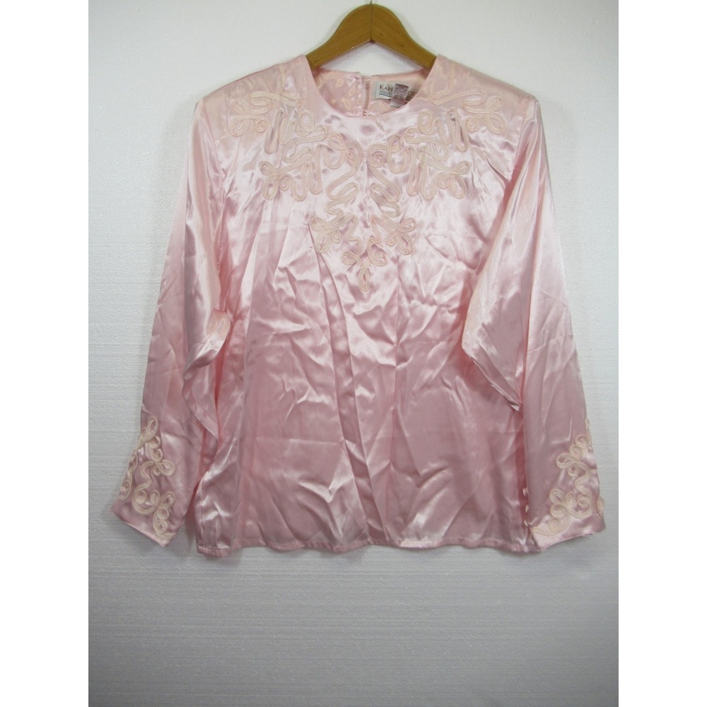 Vtg 80s 90s Karen Scott Embroidered Shiny Satin Secretary Blouse Women 14 Pink